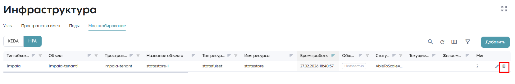 Кнопка «Удалить»