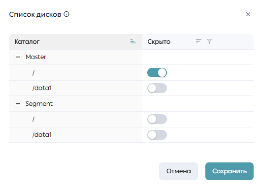 Страница «Обзор», вкладка «Хранилище», модальное окно скрытия дисков