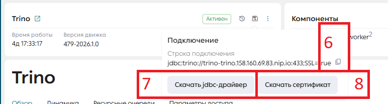 Окно параметров завершения, кнопка «Копировать» (6), кнопка «Скачать jdbc-драйвер» (7), кнопка «Скачать сертификат» (8)