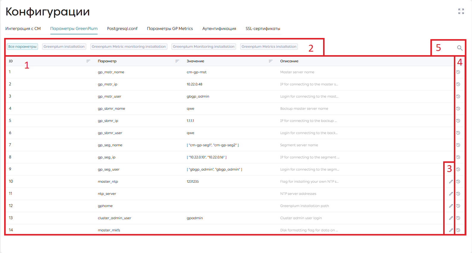 Страница «Конфигурации», вкладка «Параметры Greenplum», список параметров (1), строка с выбором inventory-файла (2), кнопка «Редактировать» (3), кнопка «История изменений» (4), строка «Поиск» (5)